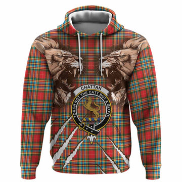 Chattan Tartan Crest Hoodie Ferocious Lion Style