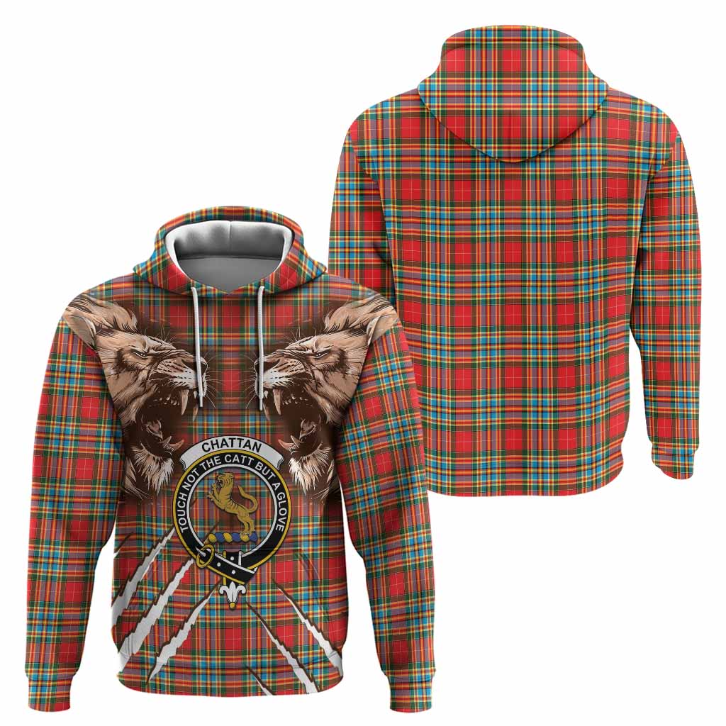Chattan Tartan Crest Hoodie Ferocious Lion Style