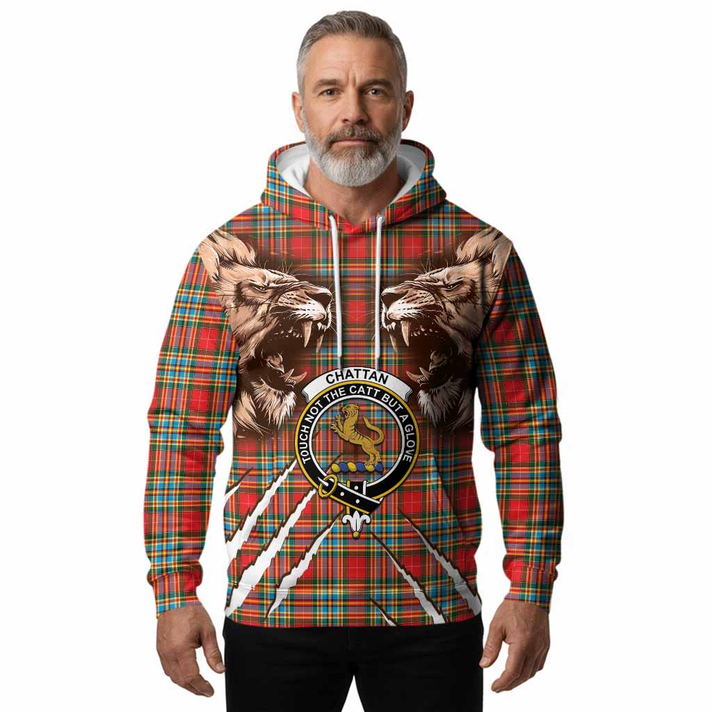 Chattan Tartan Crest Hoodie Ferocious Lion Style