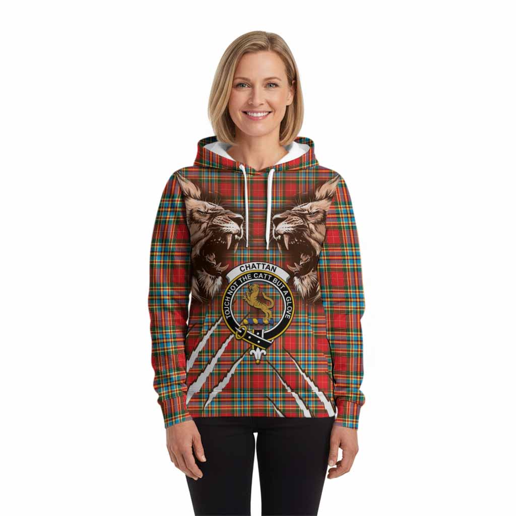 Chattan Tartan Crest Hoodie Ferocious Lion Style