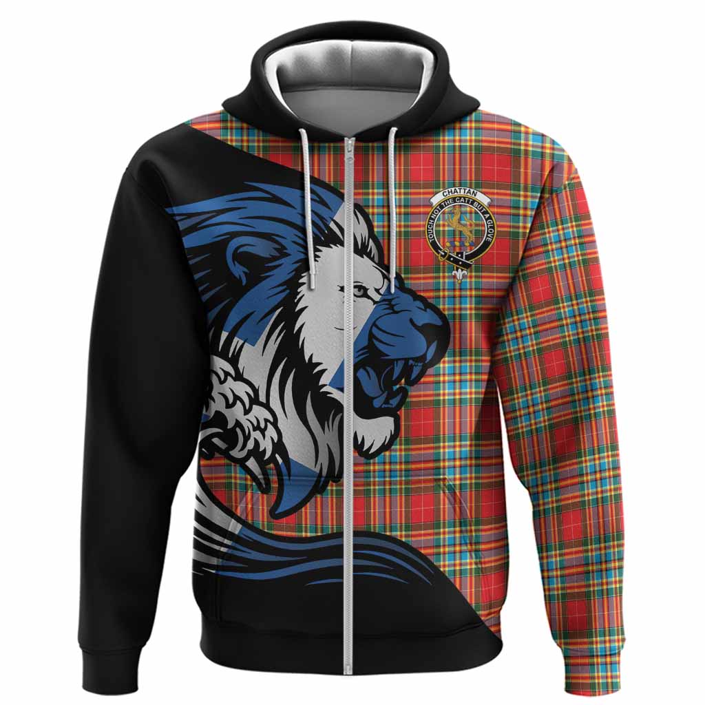 Chattan Tartan Crest Hoodie Scottish Golden Lions Wave Flow