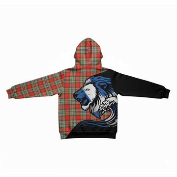 Chattan Tartan Crest Kid Hoodie Scottish Golden Lions Wave Flow