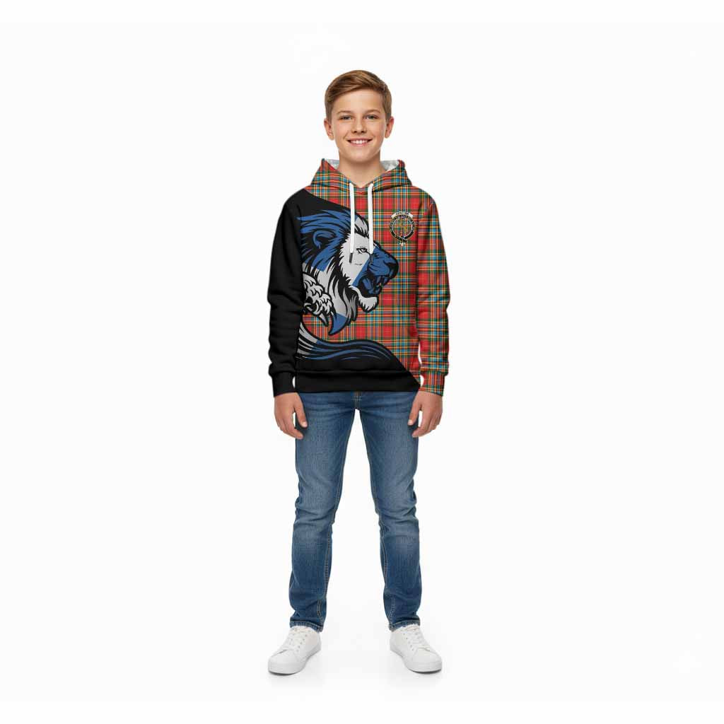 Chattan Tartan Crest Kid Hoodie Scottish Golden Lions Wave Flow