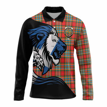 Chattan Tartan Crest Long Sleeve Polo Shirt Scottish Golden Lions Wave Flow