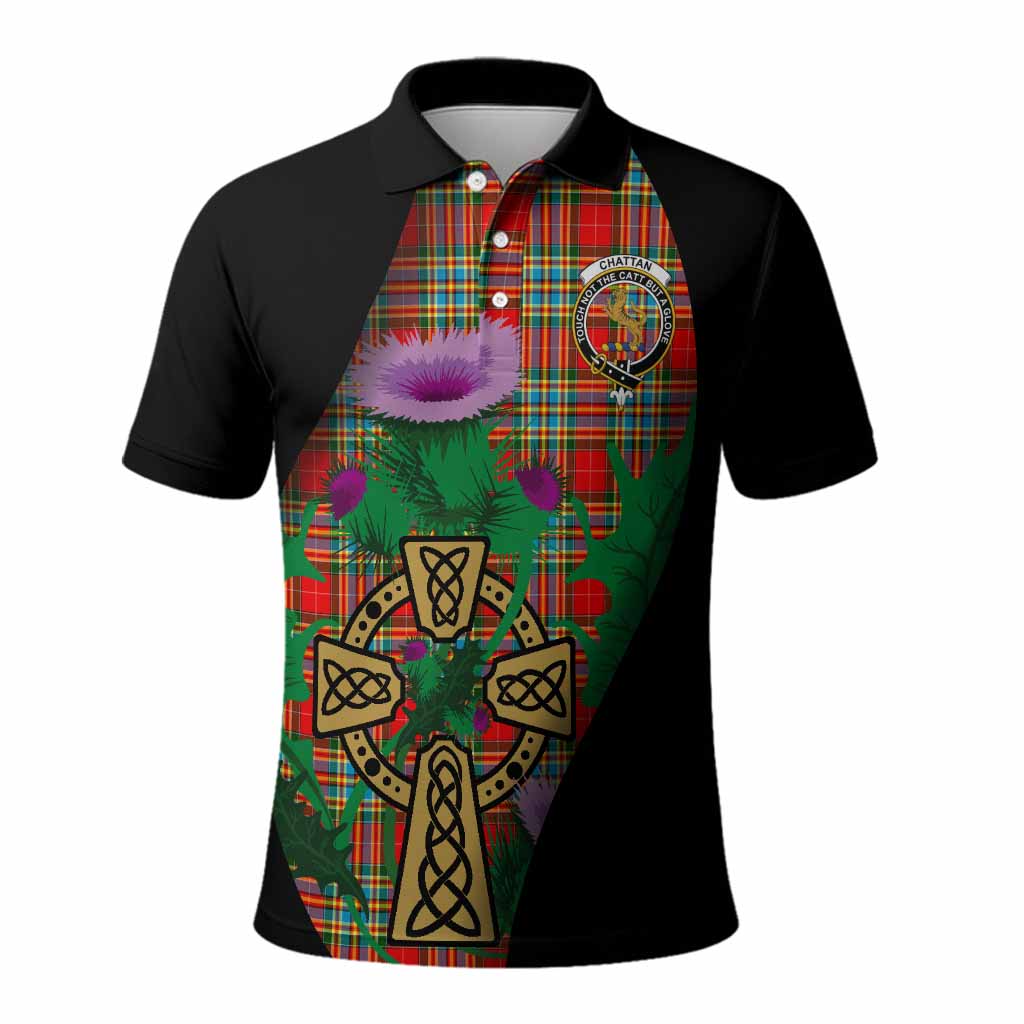 Chattan Tartan Crest Polo Shirt Celtic Cross Thistle Flowers