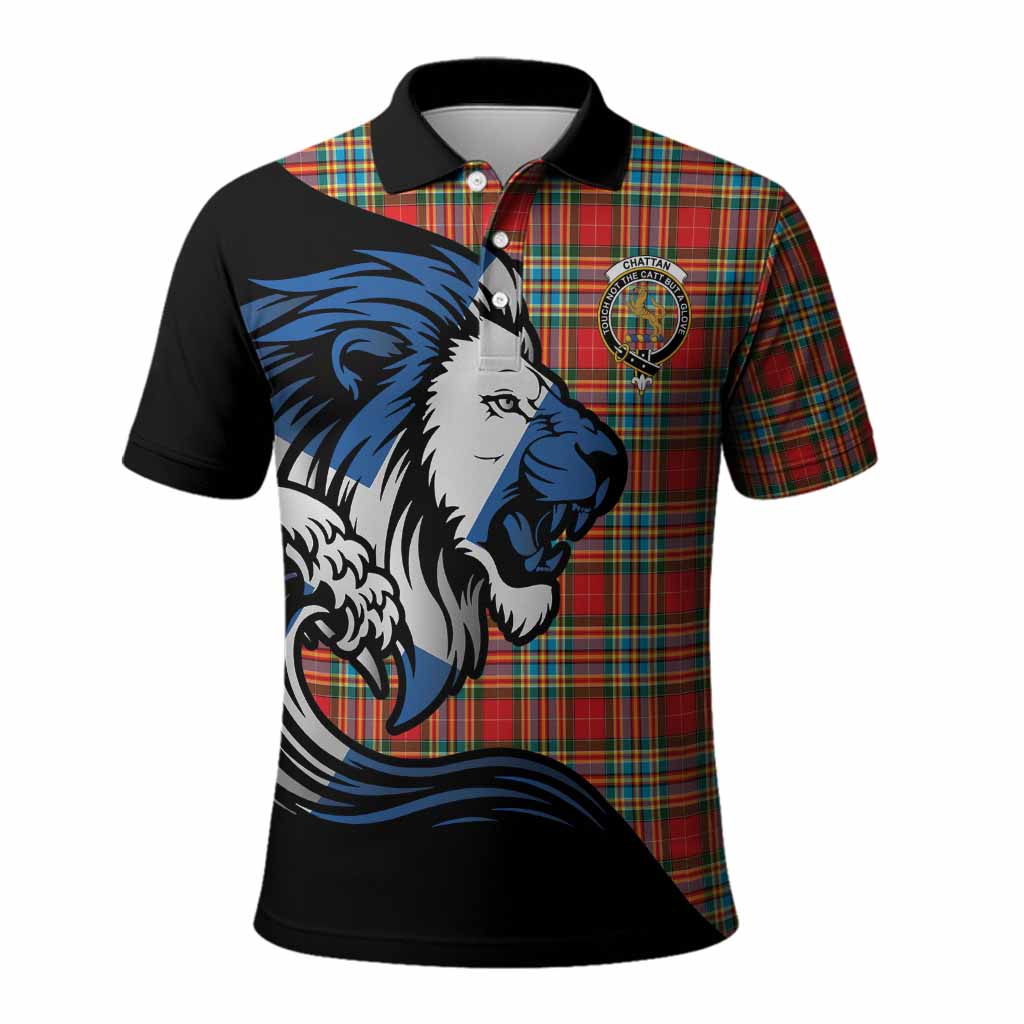 Chattan Tartan Crest Polo Shirt Scottish Golden Lions Wave Flow