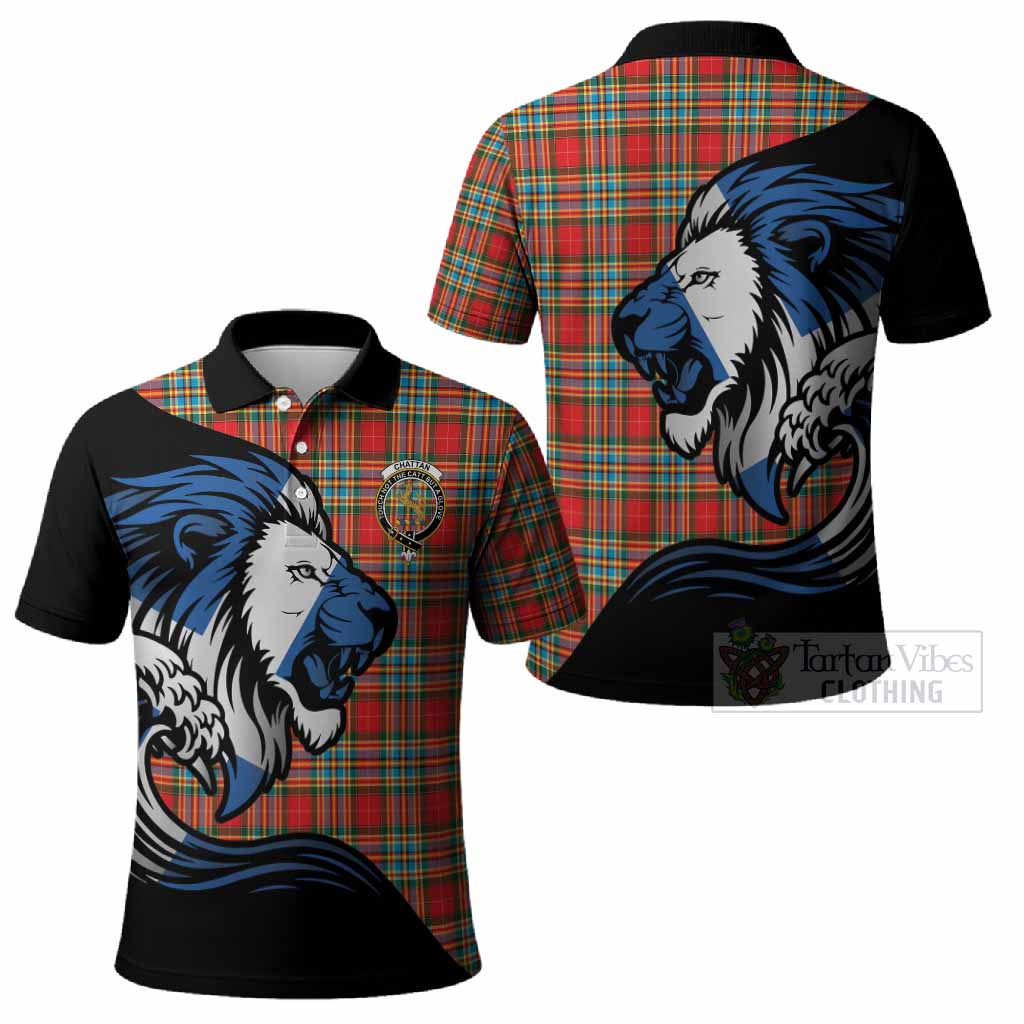 Chattan Tartan Crest Polo Shirt Scottish Golden Lions Wave Flow