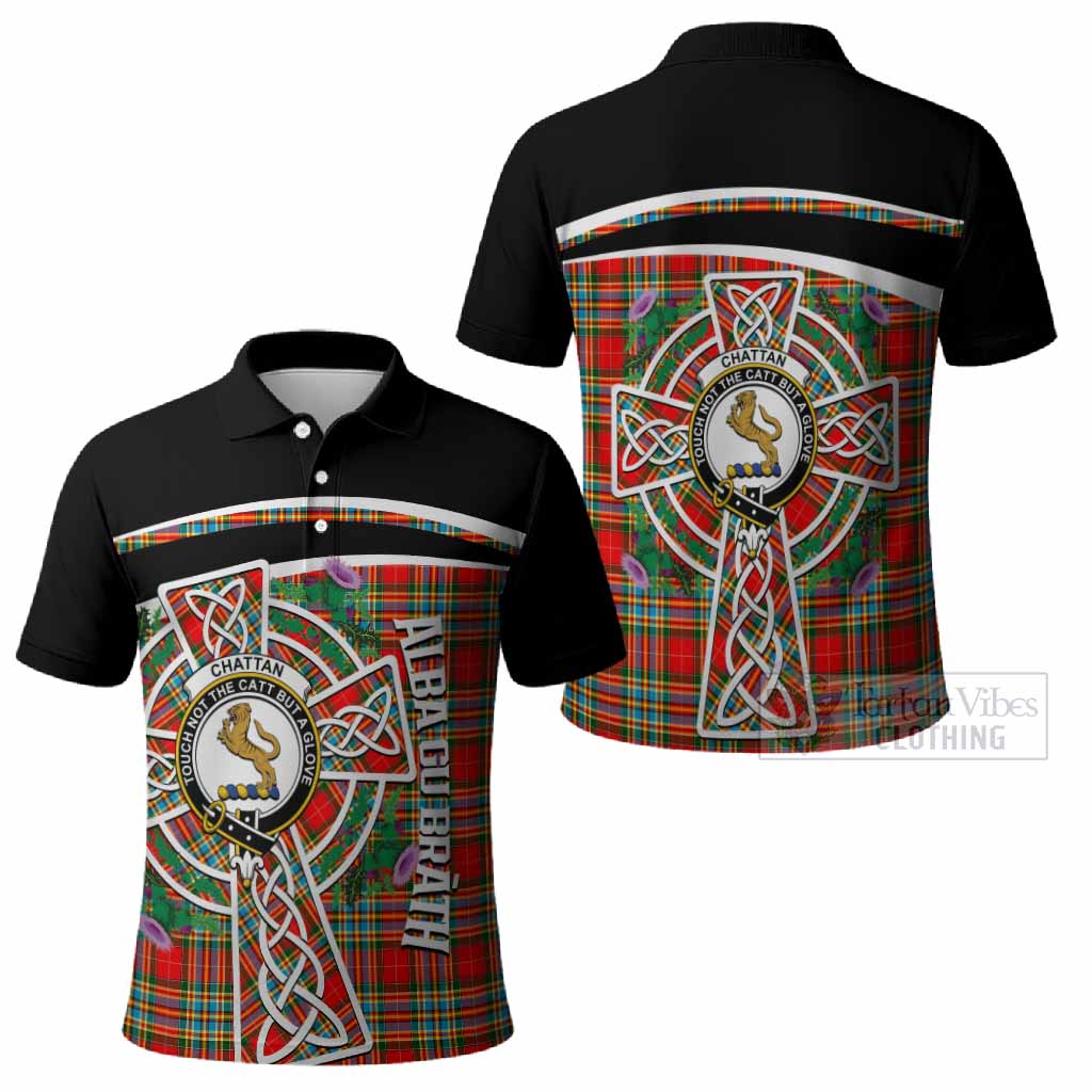 Chattan Tartan Crest Polo Shirt Scottish Thistle Celtic Cross Alba Gu Brath