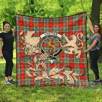 Chattan Tartan Crest Premium Quilt with Scottish Iconic Symbols 