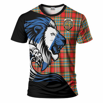 Chattan Tartan Crest T-Shirt Scottish Golden Lions Wave Flow