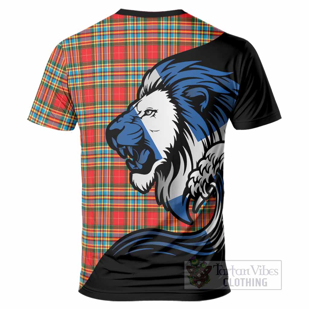Chattan Tartan Crest T-Shirt Scottish Golden Lions Wave Flow