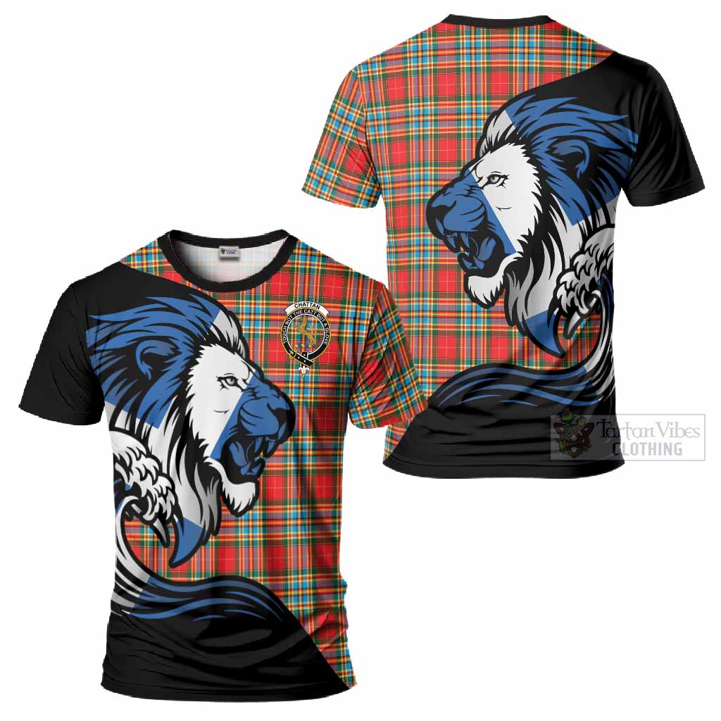 Chattan Tartan Crest T-Shirt Scottish Golden Lions Wave Flow
