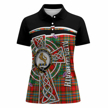 Chattan Tartan Crest Women Polo Shirt Scottish Thistle Celtic Cross Alba Gu Brath