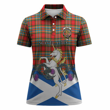 Chattan Tartan Crest Women Polo Shirt Scottish Unicorn With Thistle