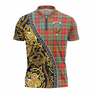 Chattan Tartan Crest Zipper Polo Shirt Celtic Knot and Triple Trickle Spiral Symbols