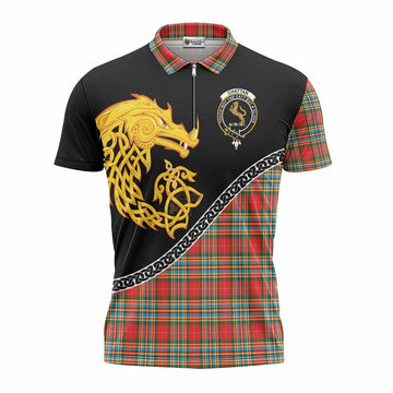 Chattan Tartan Crest Zipper Polo Shirt Legendary Dragon Knot Half Style