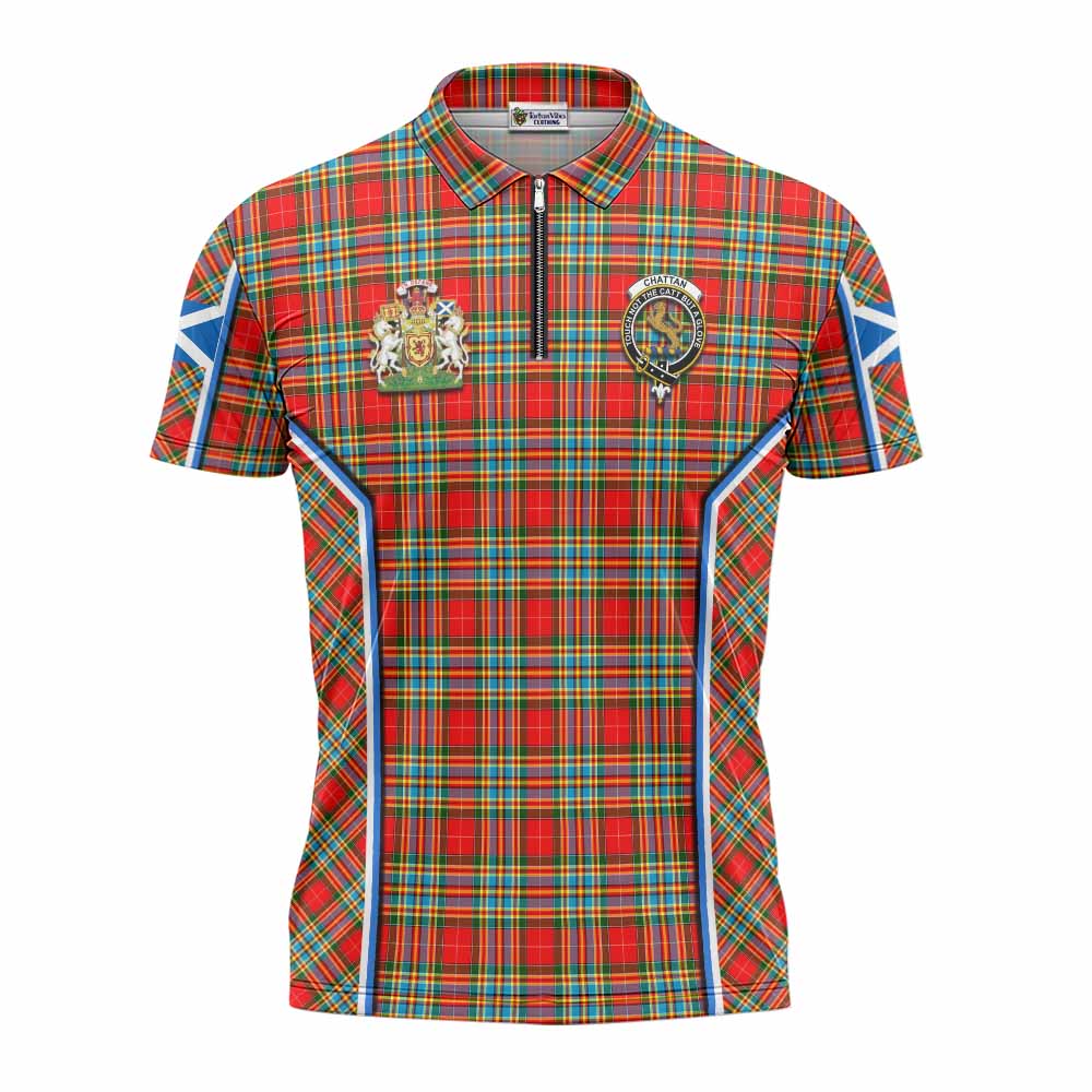 Chattan Tartan Crest Zipper Polo Shirt Scotland Coat of Arm Flag Style - Tartan Vibes Clothing
