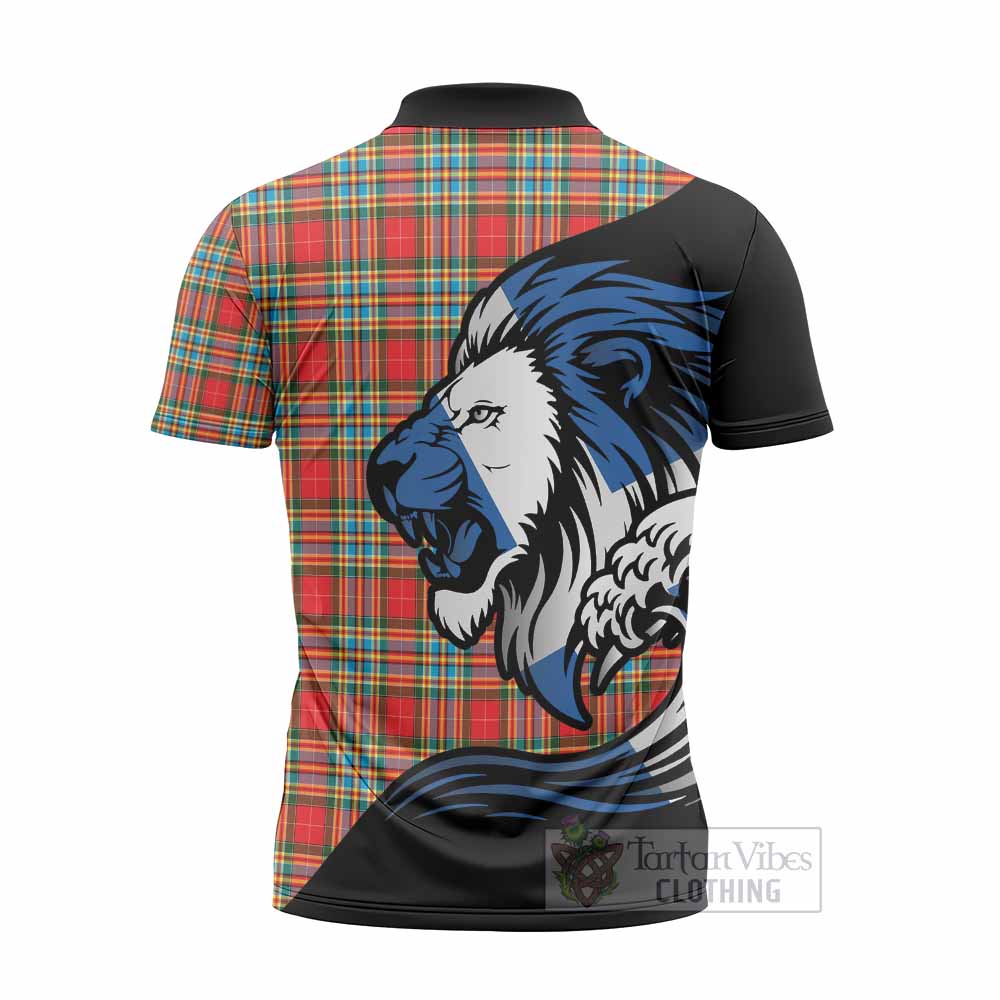 Chattan Tartan Crest Zipper Polo Shirt Scottish Golden Lions Wave Flow