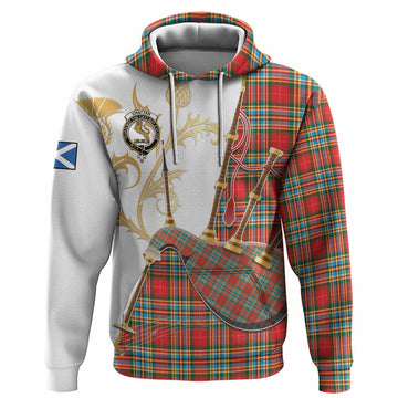 Chattan Tartan Family Crest Hoodie Bagpipes with Scottish Thistle