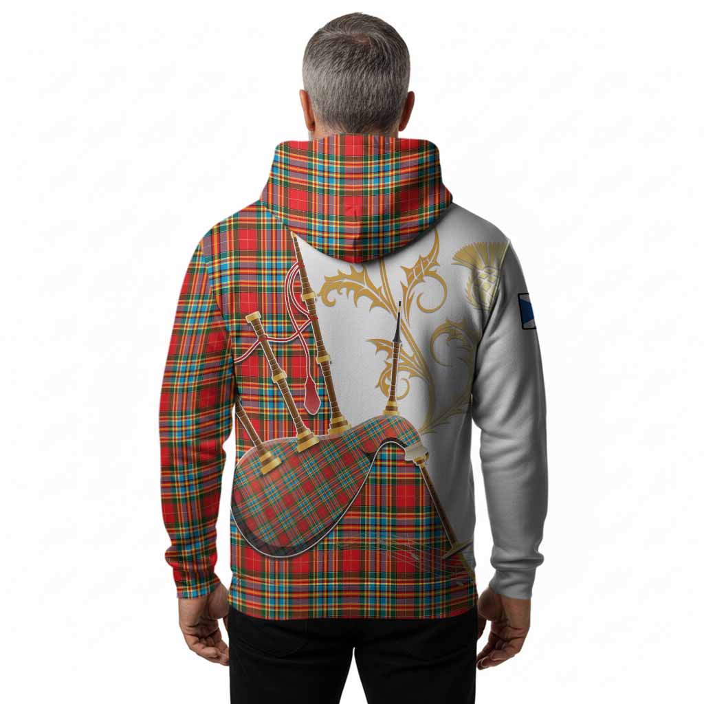 Chattan Tartan Family Crest Hoodie Bagpipes with Scottish Thistle