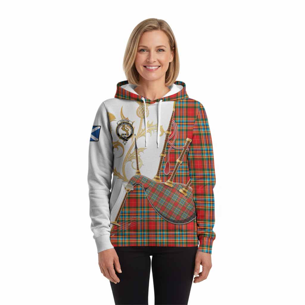 Chattan Tartan Family Crest Hoodie Bagpipes with Scottish Thistle