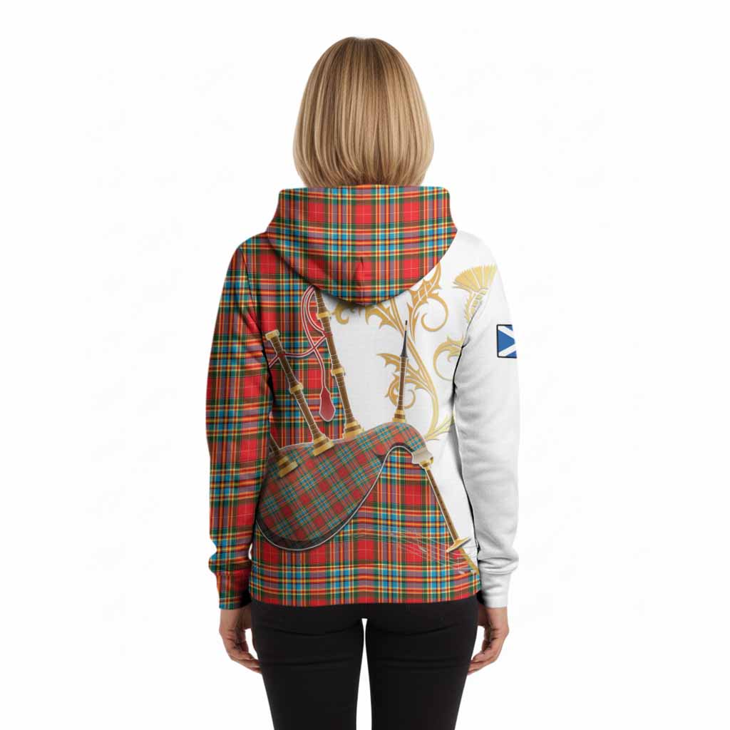 Chattan Tartan Family Crest Hoodie Bagpipes with Scottish Thistle