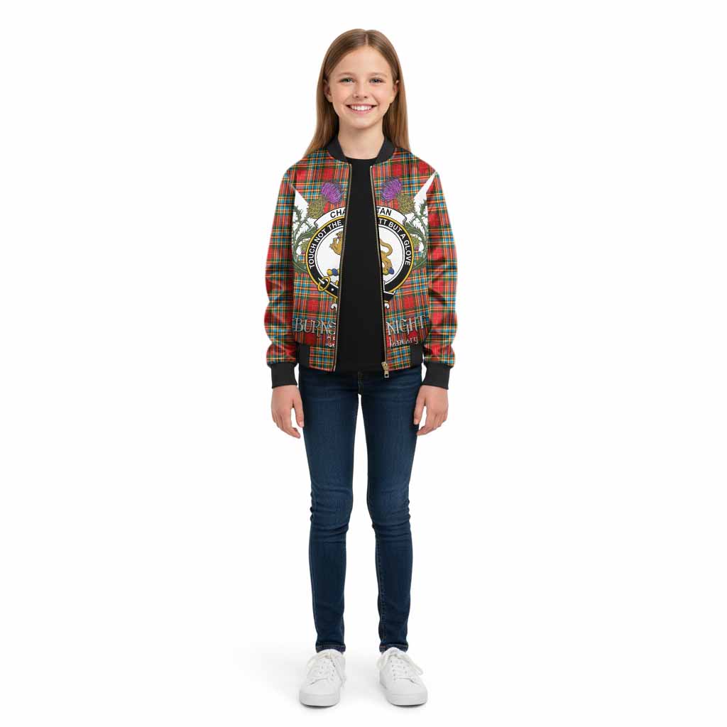 Chattan Tartan Family Crest Kid Bomber Jacket Scottish Burns Night Thistle Floral