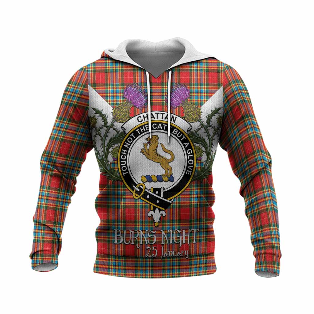 Chattan Tartan Family Crest Knitted Hoodie Scottish Burns Night Thistle Floral