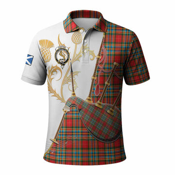 Chattan Tartan Family Crest Polo Shirt Bagpipes with Scottish Thistle