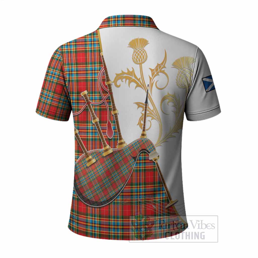Chattan Tartan Family Crest Polo Shirt Bagpipes with Scottish Thistle