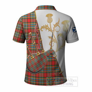 Chattan Tartan Family Crest Polo Shirt Bagpipes with Scottish Thistle