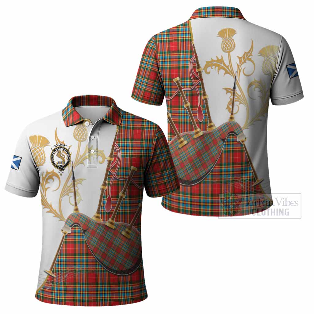 Chattan Tartan Family Crest Polo Shirt Bagpipes with Scottish Thistle