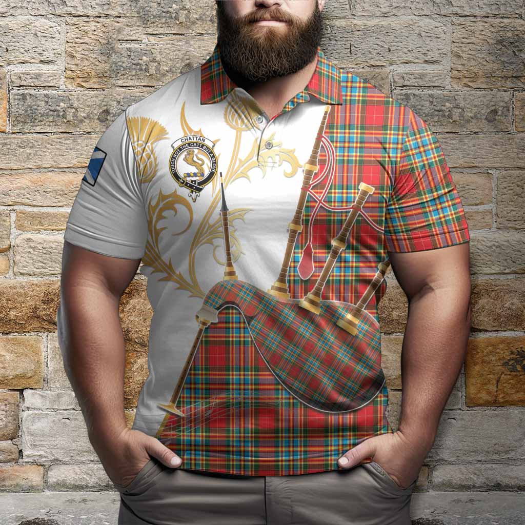 Chattan Tartan Family Crest Polo Shirt Bagpipes with Scottish Thistle