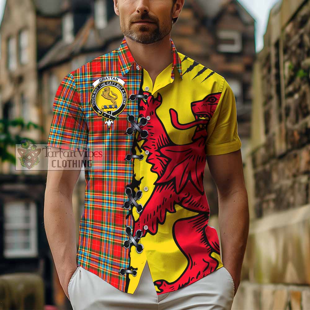Chattan Tartan Family Crest Short Sleeve Button Shirt Lion Rampant Honor - Tartan Vibes Clothing