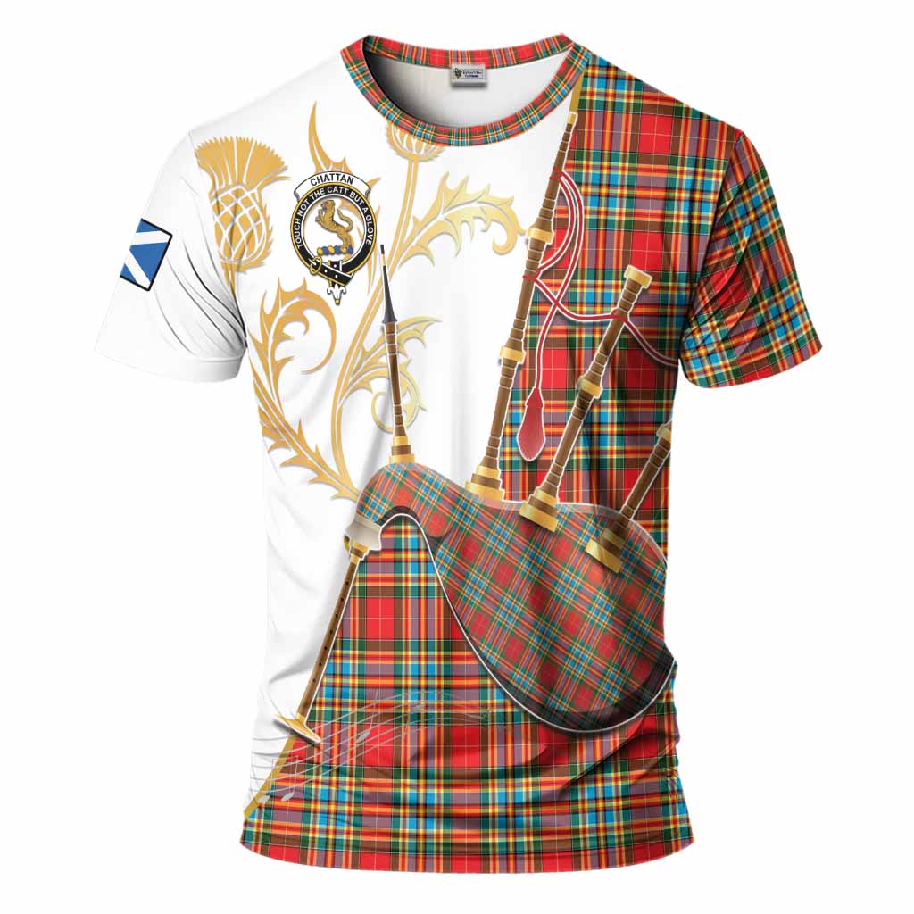 Chattan Tartan Family Crest T-Shirt Bagpipes with Scottish Thistle