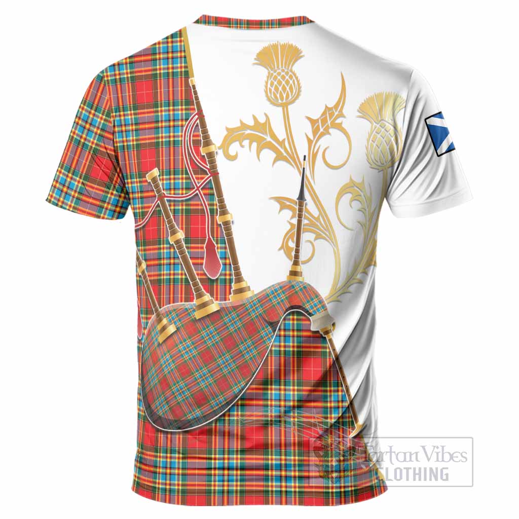Chattan Tartan Family Crest T-Shirt Bagpipes with Scottish Thistle