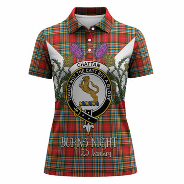 Chattan Tartan Family Crest Women Polo Shirt Scottish Burns Night Thistle Floral