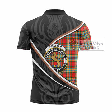 Chattan Tartan Family Crest Zipper Polo Shirt Celtic Scottish Thistle Floral
