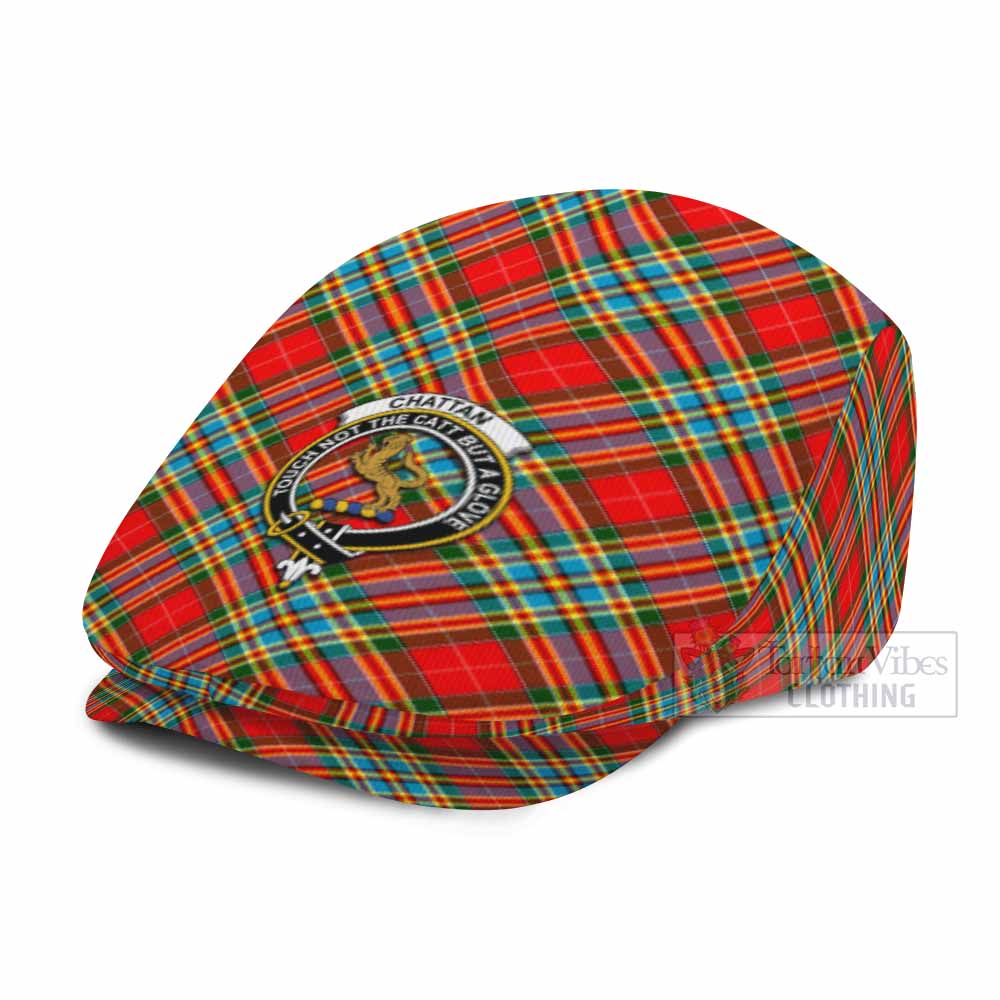 Chattan Tartan Flat Cap, Jeff Cap Cross Style with Family Crest - Tartan Vibes Clothing