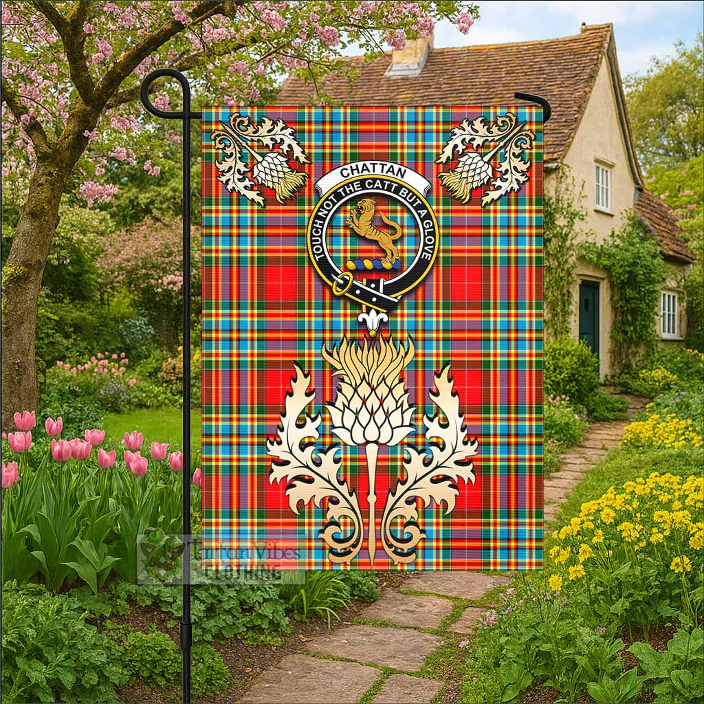 Chattan Tartan Garden Flag with Golden Regal Scottish Thistle Emblem - Tartan Vibes Clothing