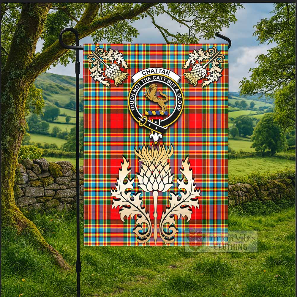 Chattan Tartan Garden Flag with Golden Regal Scottish Thistle Emblem - Tartan Vibes Clothing