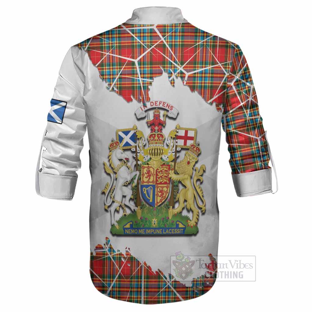 Chattan Tartan Ghillie Shirt with Family Crest and Lion Rampant Grunge Style