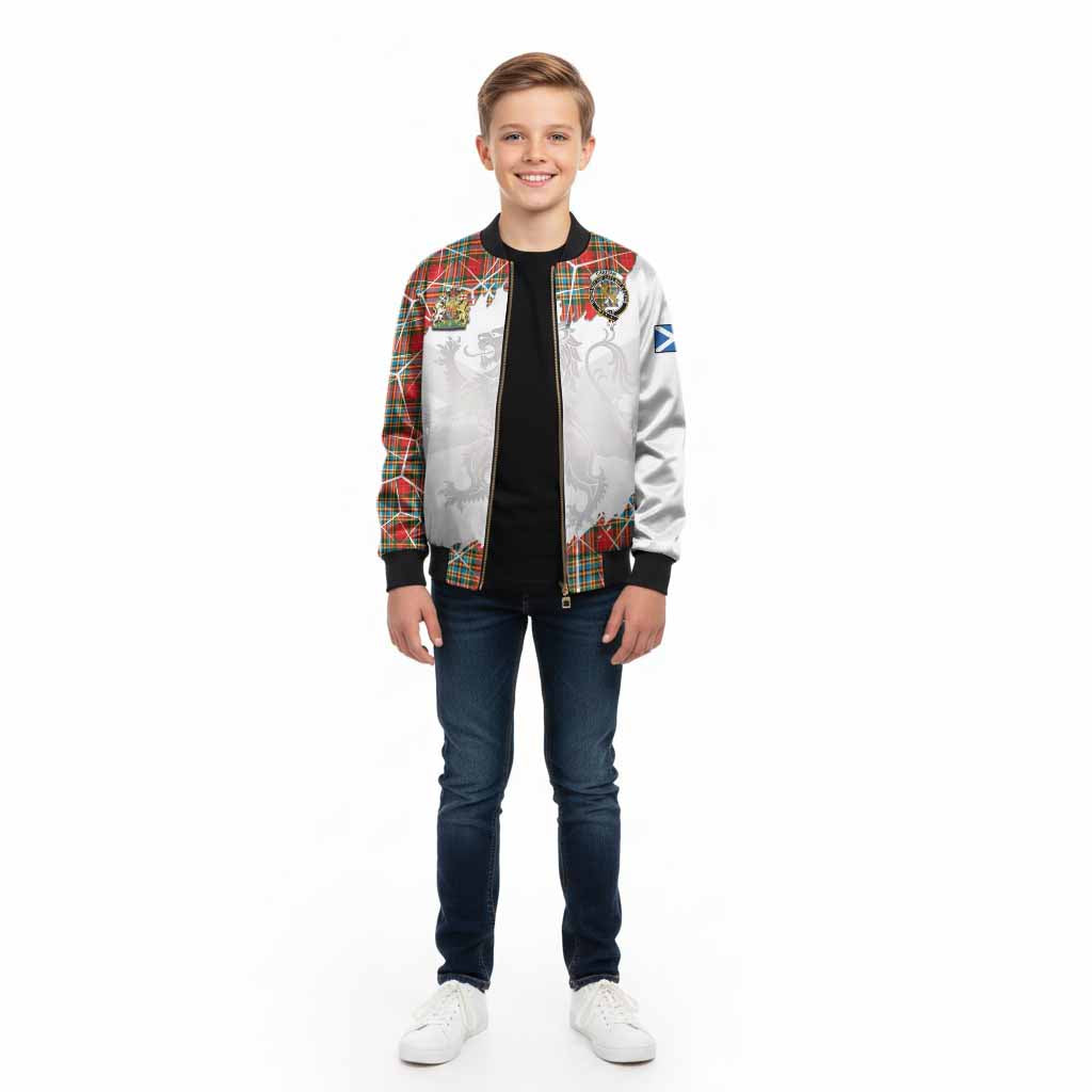 Chattan Tartan Kid Bomber Jacket with Family Crest and Lion Rampant Grunge Style