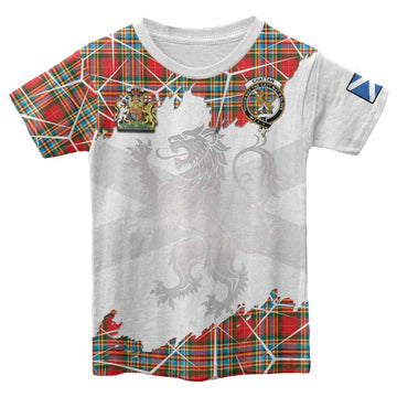 Chattan Tartan Kid T-shirt with Family Crest and Lion Rampant Grunge Style