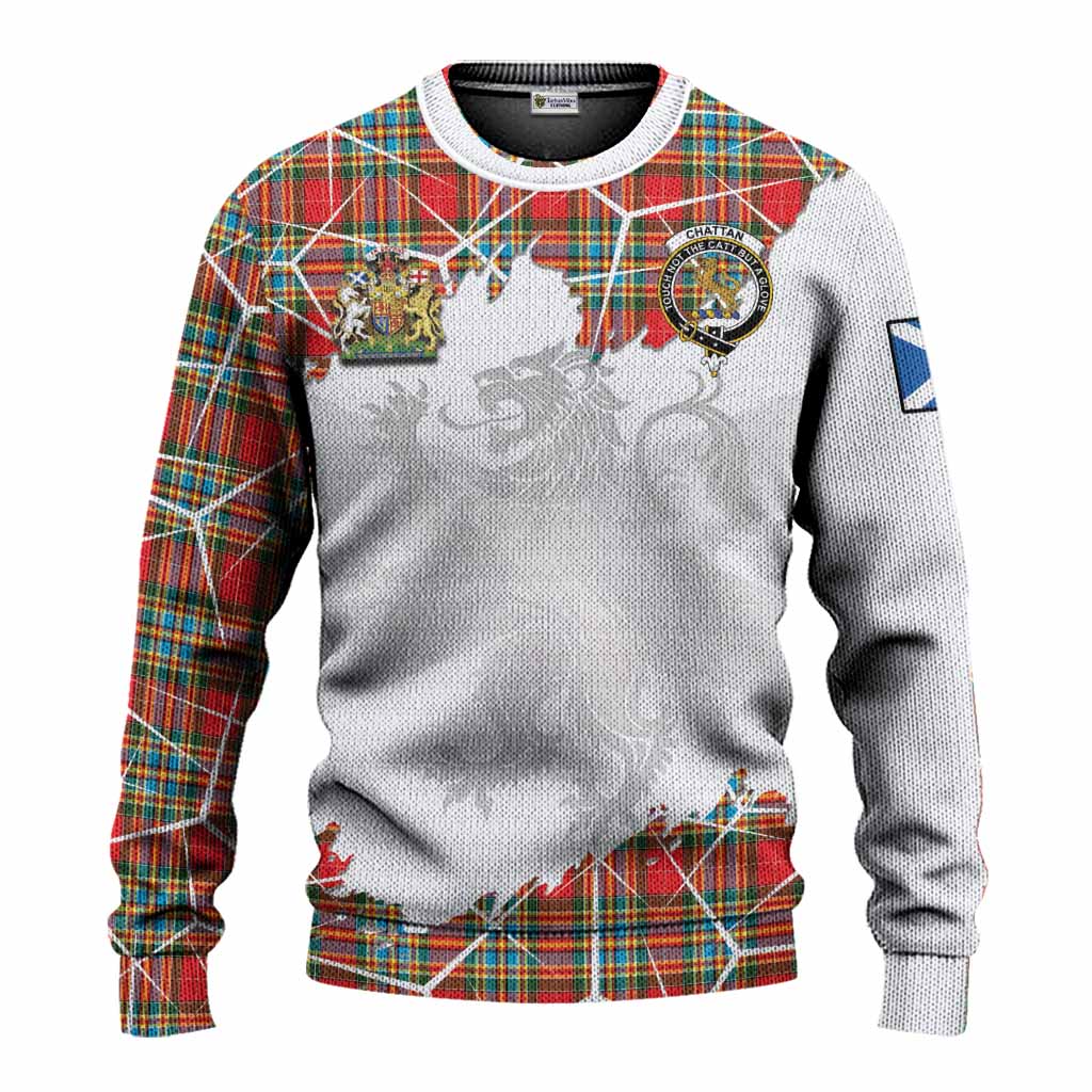 Chattan Tartan Knitted Sweater with Family Crest and Lion Rampant Grunge Style