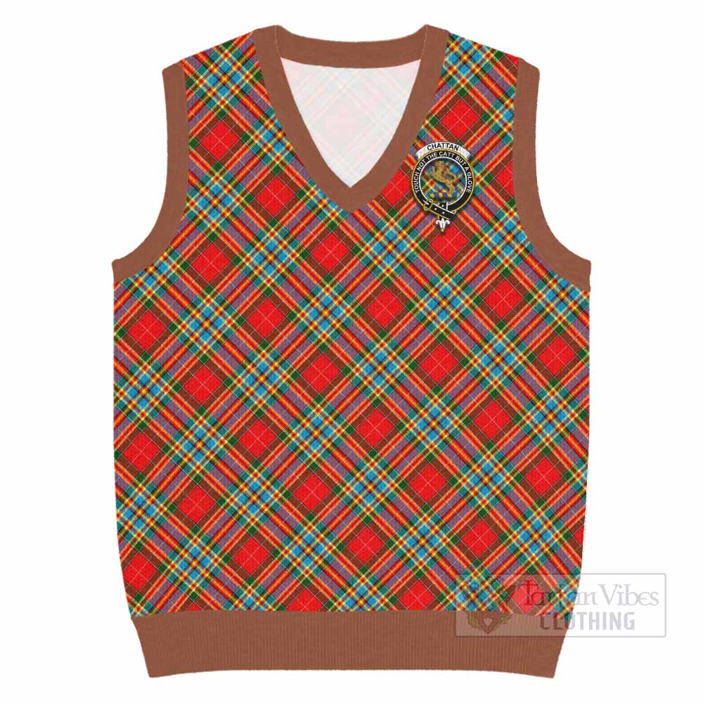 Chattan Tartan Knitted V-Neck Vest with Family Crest Cross Style