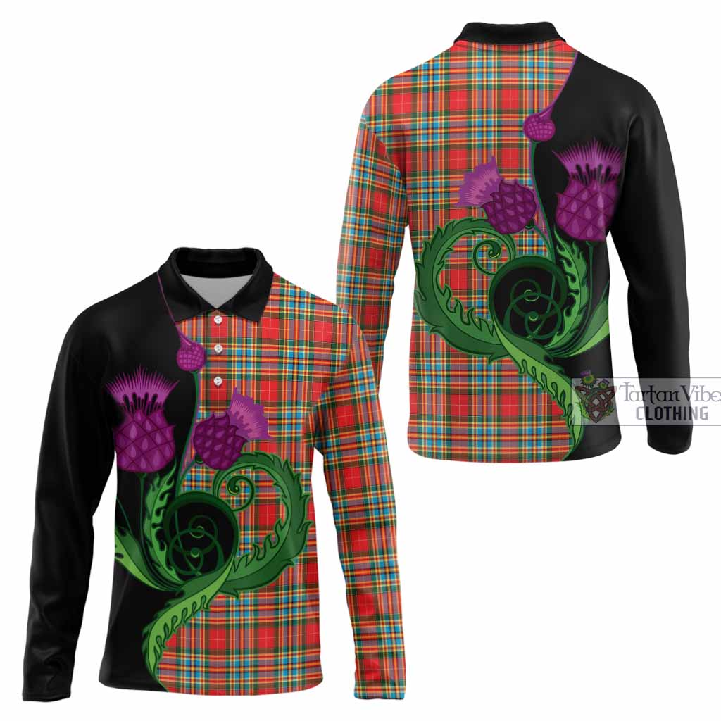 Chattan Tartan Long Sleeve Polo Shirt Traditional Scottish Thistle
