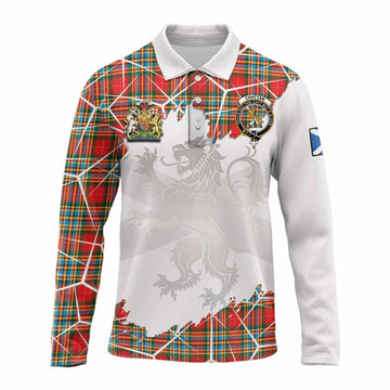 Chattan Tartan Long Sleeve Polo Shirt with Family Crest and Lion Rampant Grunge Style