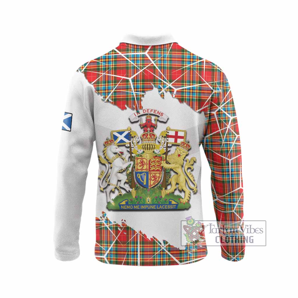 Chattan Tartan Long Sleeve Polo Shirt with Family Crest and Lion Rampant Grunge Style