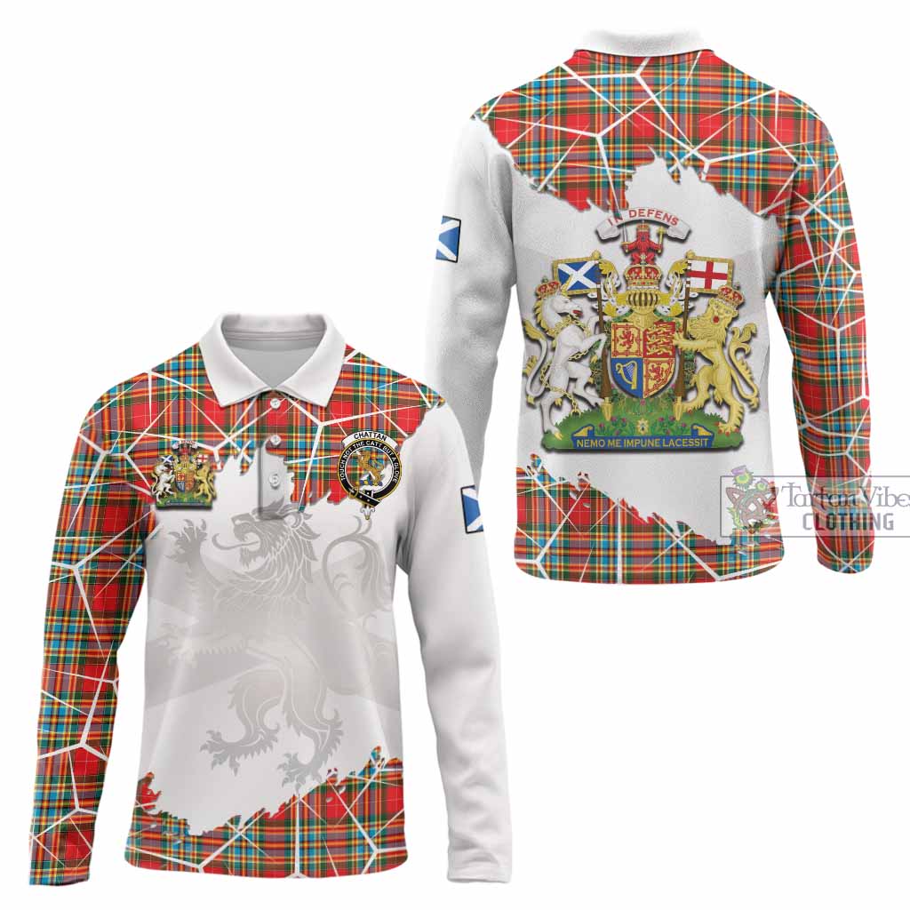 Chattan Tartan Long Sleeve Polo Shirt with Family Crest and Lion Rampant Grunge Style
